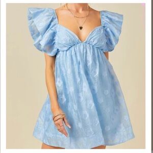 NWT DAY + MOON feels so sweet dress blue puff sleeves rosette dress